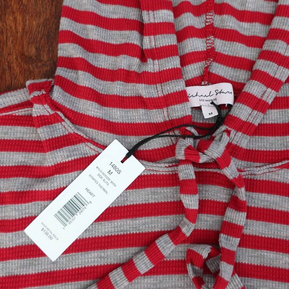 NWT Michael Stars Women’s Size M Red/Gray Striped Thermal Hoodie - Picture 2 of 4